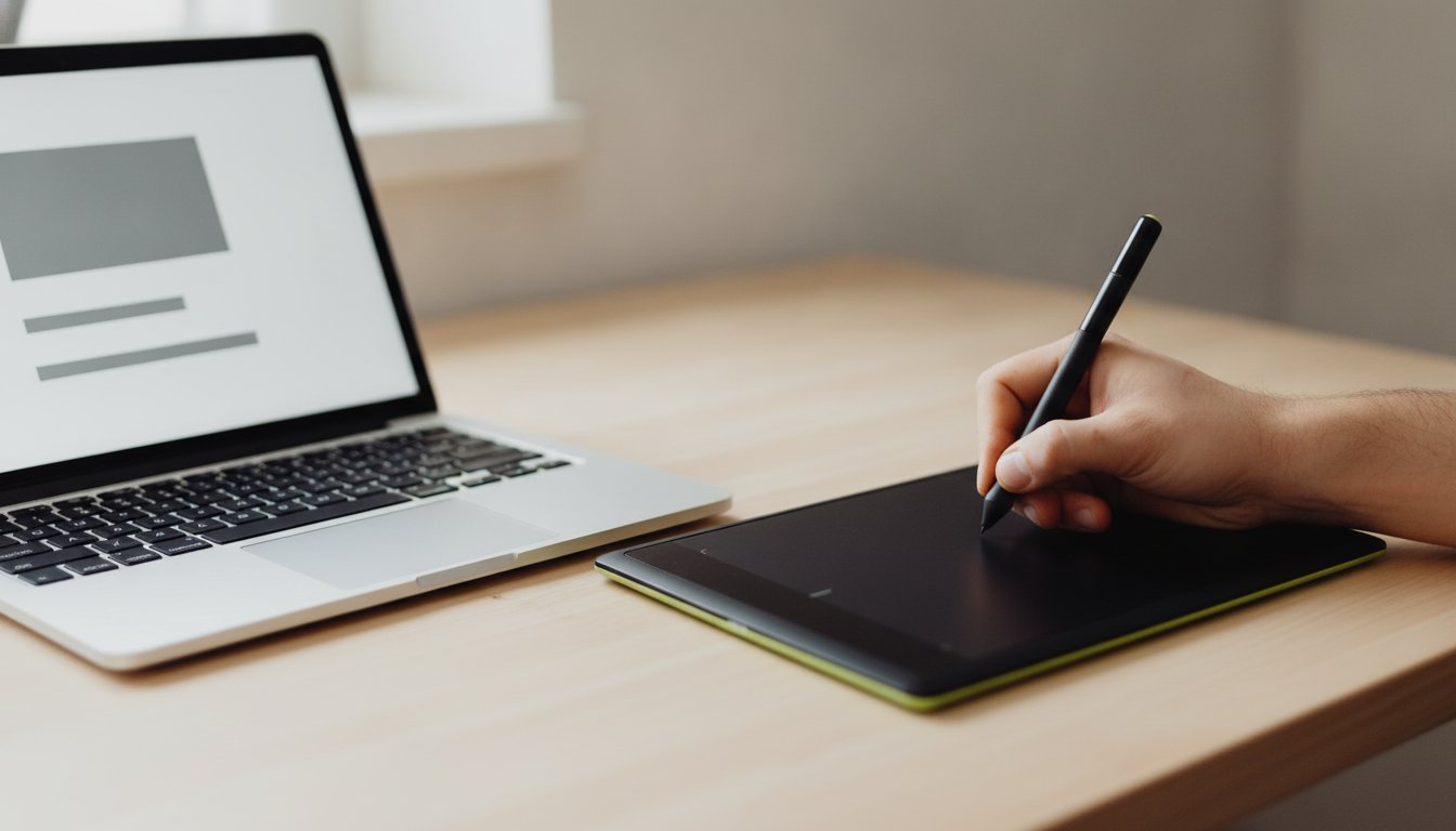A hand drawing with a stylus on a graphics tablet beside a laptop showing a blank design canvas, building a digital product to sell on Etsy