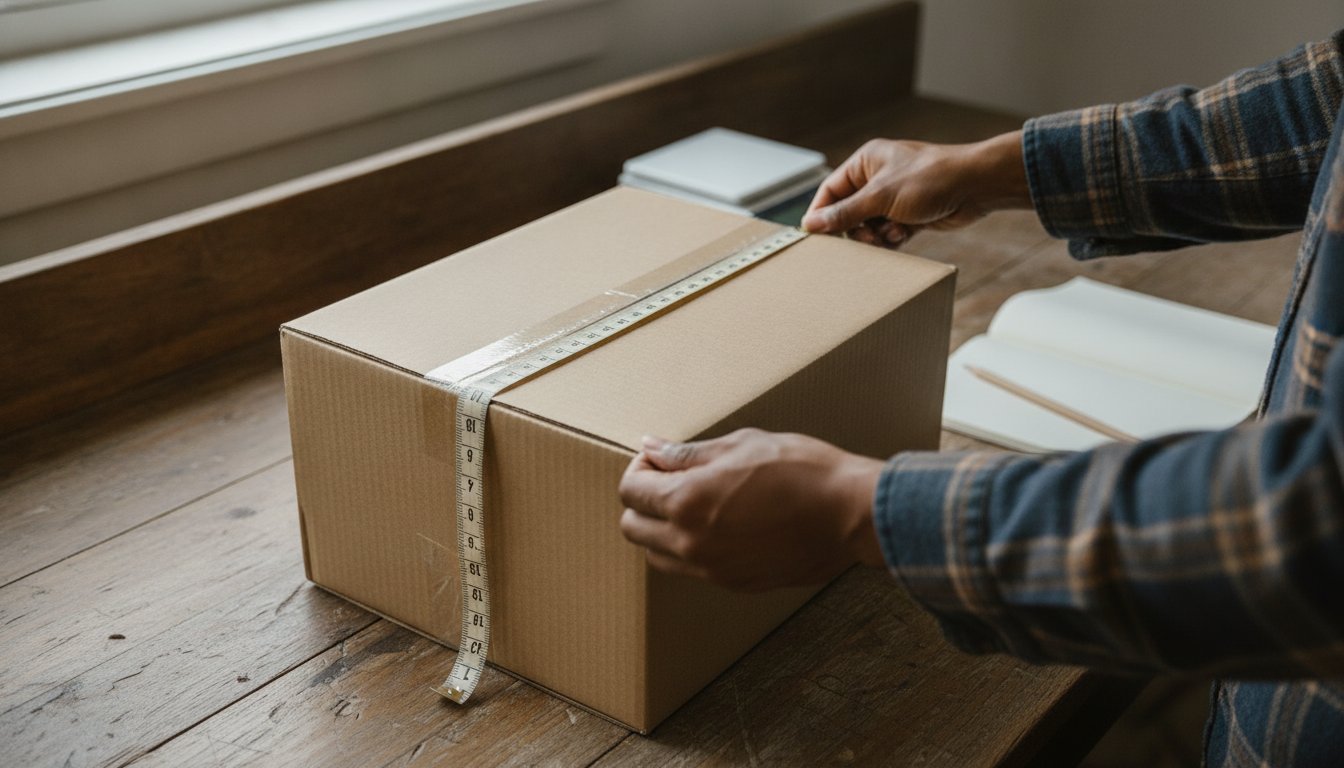 Hands stretching a fabric tape measure across an open cardboard box to calculate dimensional weight
