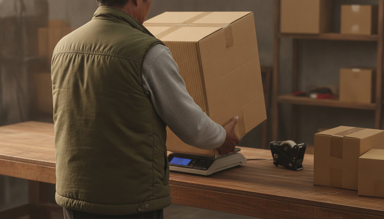 A small business owner hefting a large bulky box onto a postal scale, the kind of oversized package that triggers additional handling surcharges