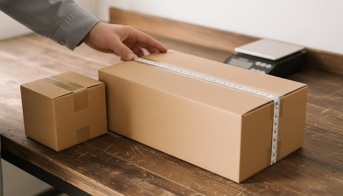 Two cardboard boxes of very different sizes side by side on a packing bench, showing how the same item can be billed at very different weights
