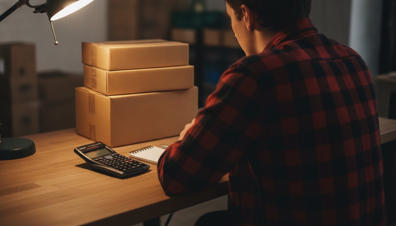 A small business owner at a packing bench late in the day with a calculator, notepad, and stack of packed boxes, working out the true cost per order
