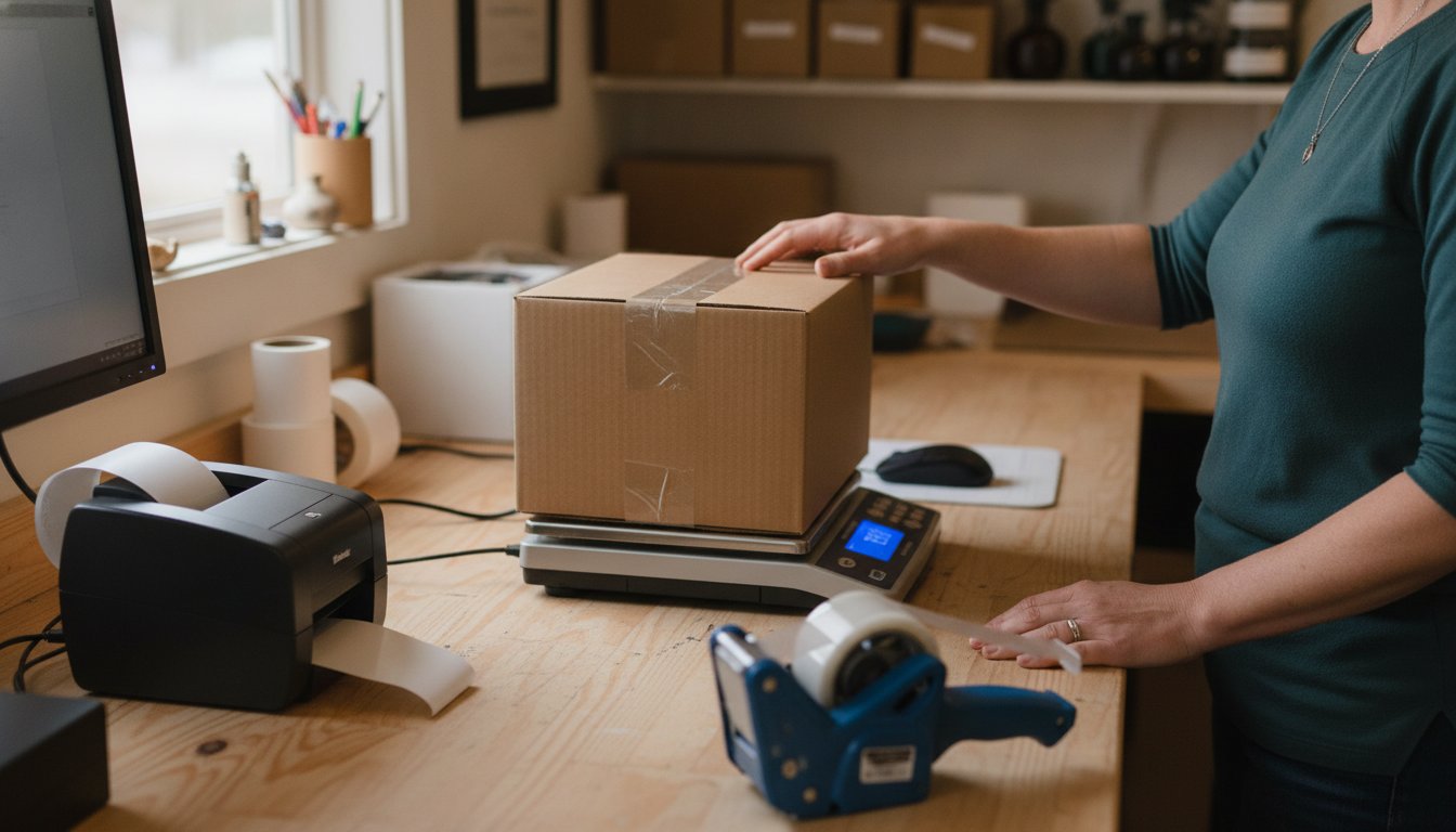 A small business owner reaching for a taped box on a packing bench with a postal scale, tape gun, and kraft paper roll