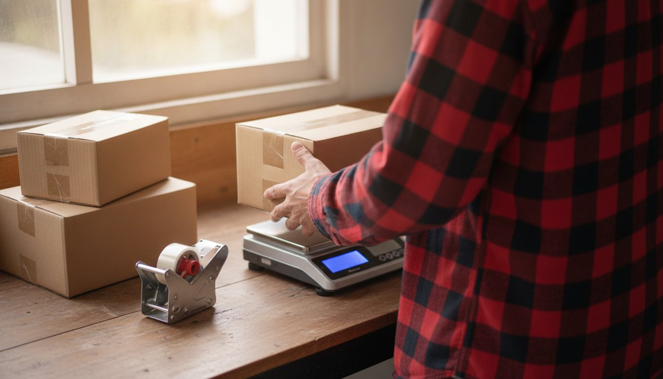 A small business owner setting a taped box onto a digital postal scale beside a tape gun on a wooden packing bench