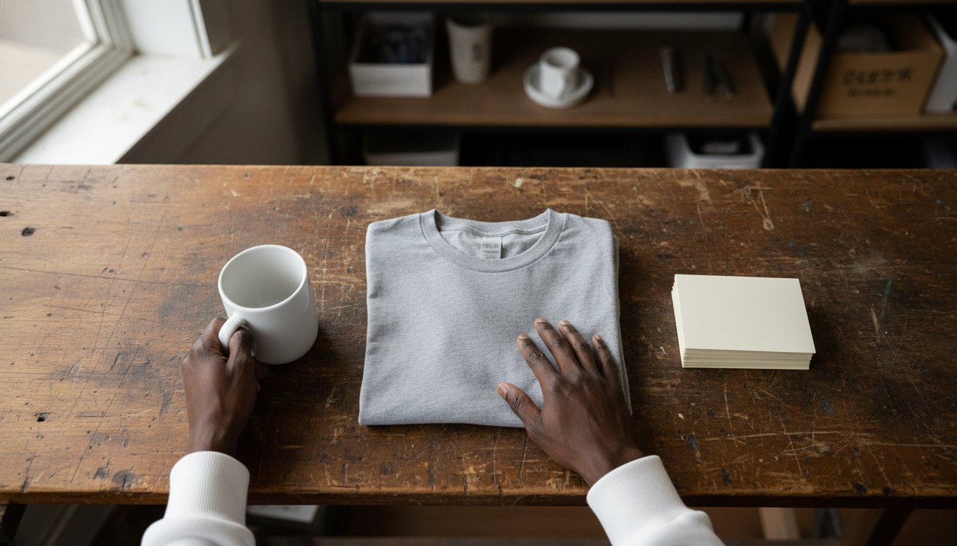 Hands arranging sample products, a mug, a folded shirt and blank cards, on a workbench