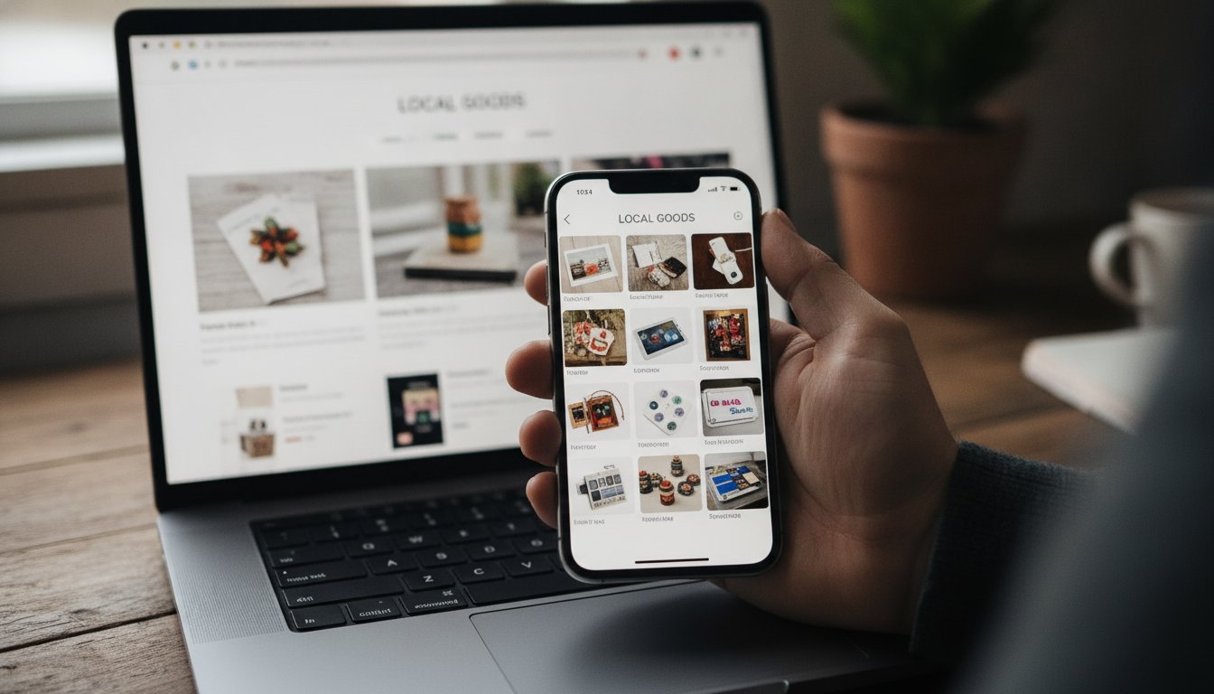 A laptop and phone showing a marketplace tile grid beside a store page