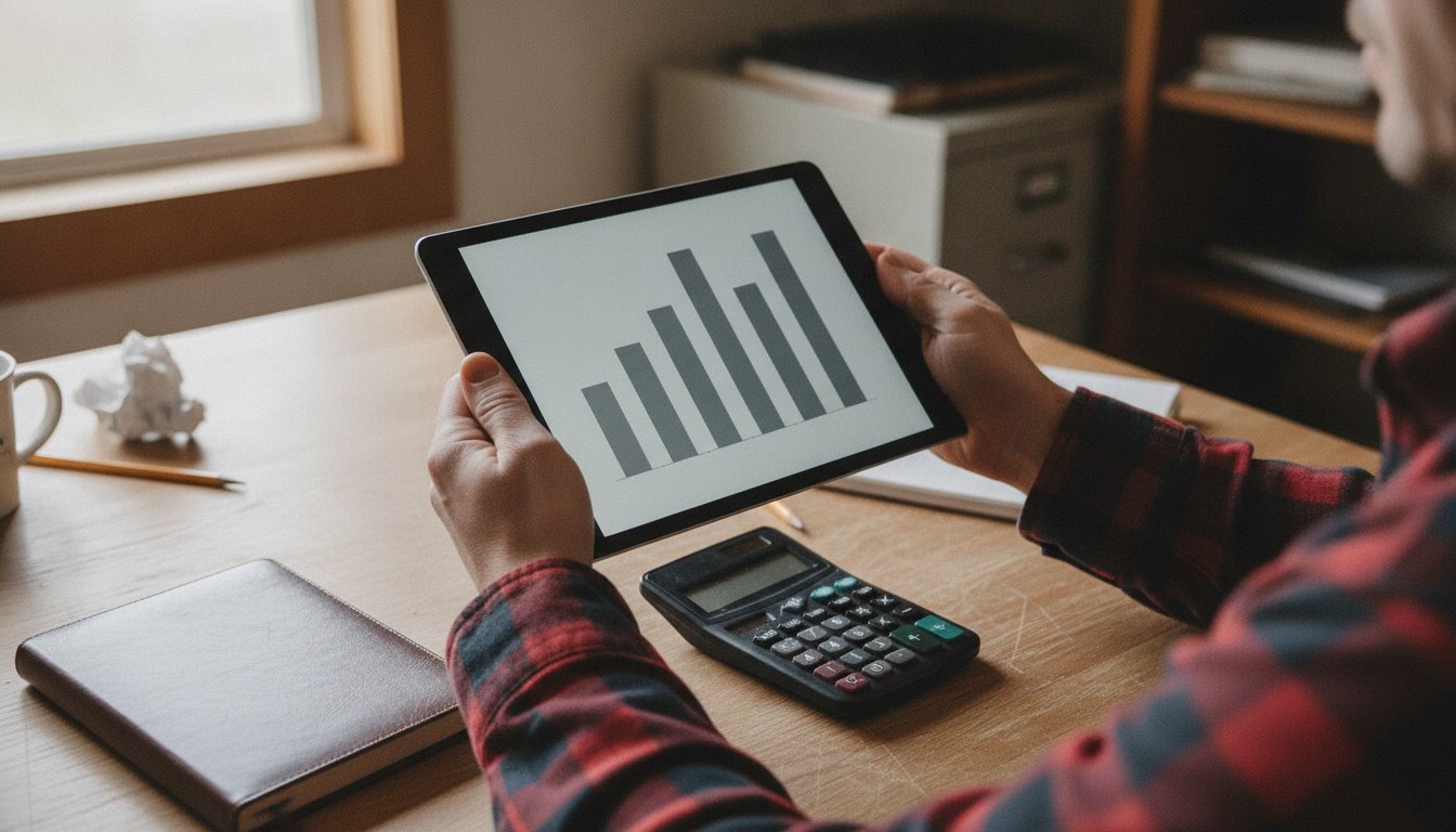 Hands holding a tablet showing a bar chart of shrinking margins at a farm office desk, the real margin left after fees on a no-inventory sale