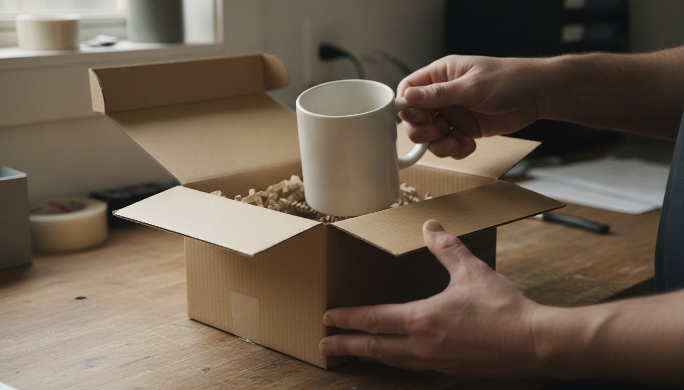 A hand lifting a sample mug out of a shipped box on a workbench, checking a supplier