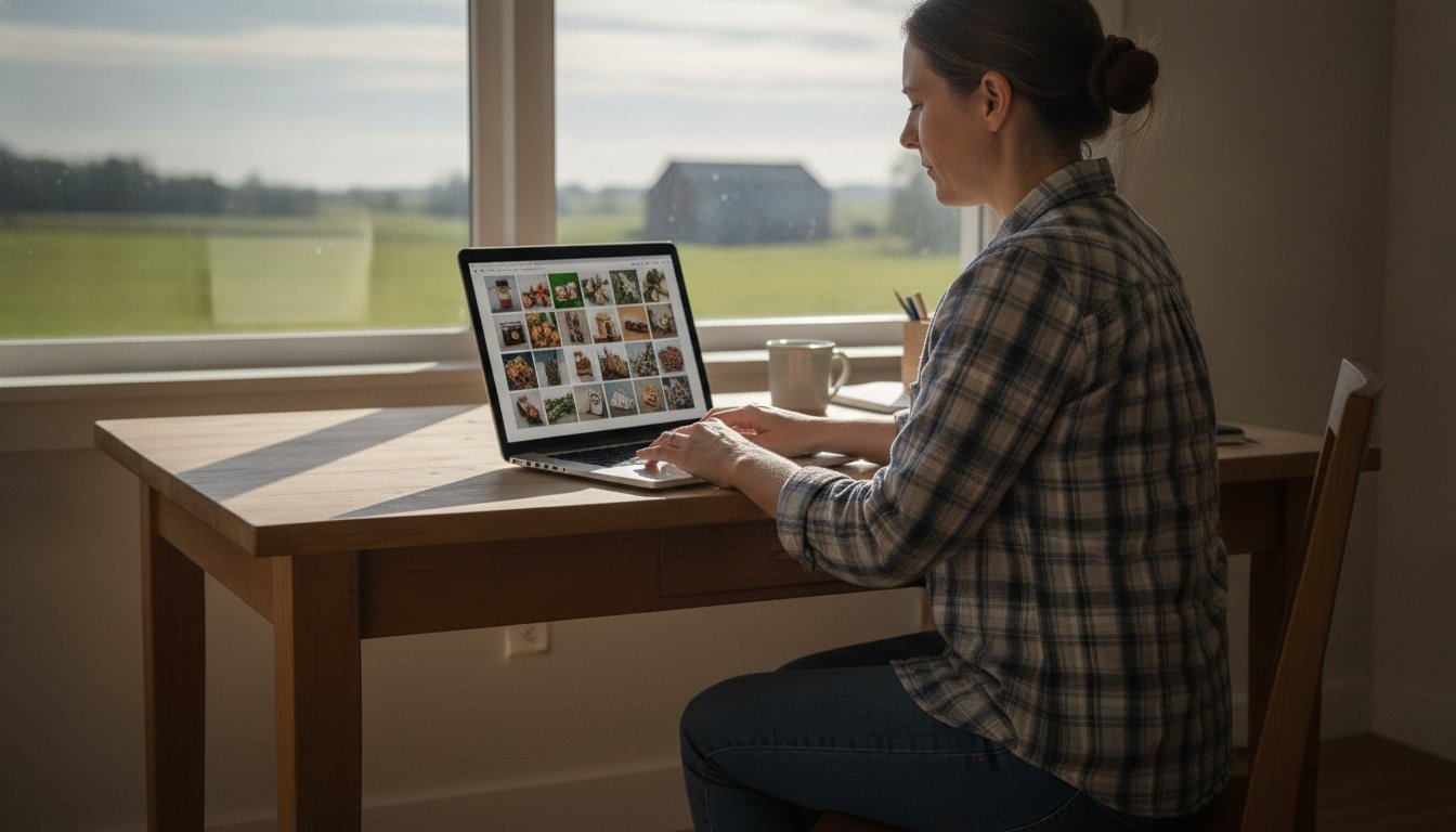 A farm office desk with a laptop showing a product tile grid beside a folded sample t-shirt and mug, starting an online store without holding inventory