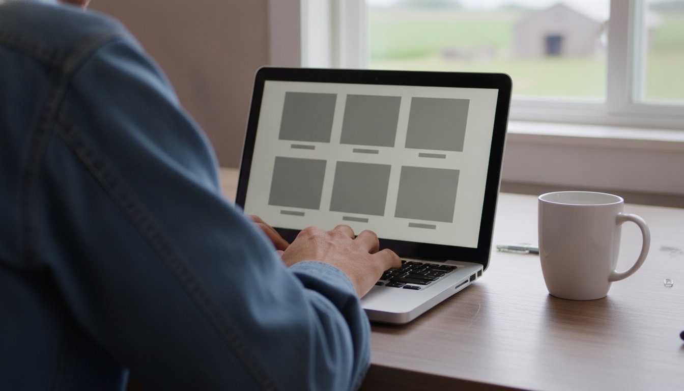 A person typing on a laptop showing a grid of product tiles at a farm office desk, running a no-inventory storefront while a supplier makes and ships the product