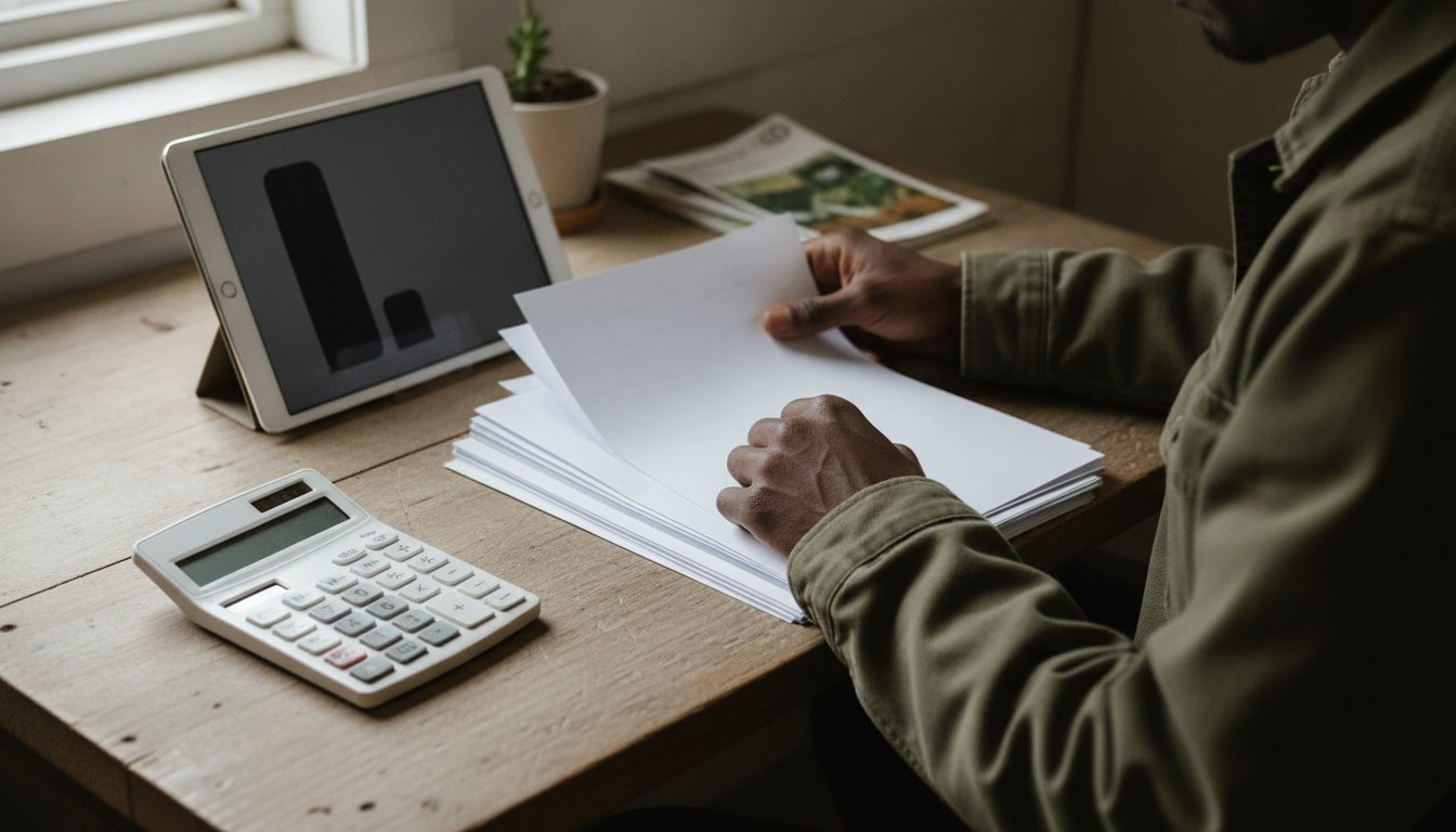 Farm office desk with paper invoices, a calculator and a tablet showing a bar chart with an extra hidden-cost sliver