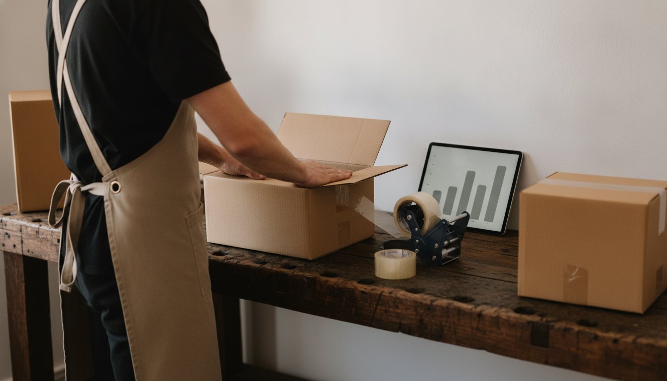 Packing bench mid-order with tape and shipping boxes, a tablet showing a bar chart comparing platform fees to AI costs