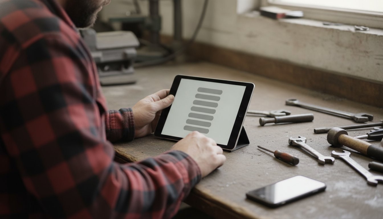 Repair shop owner setting up a tablet checklist at the workbench himself, a phone left unused beside him, DIY before hiring help