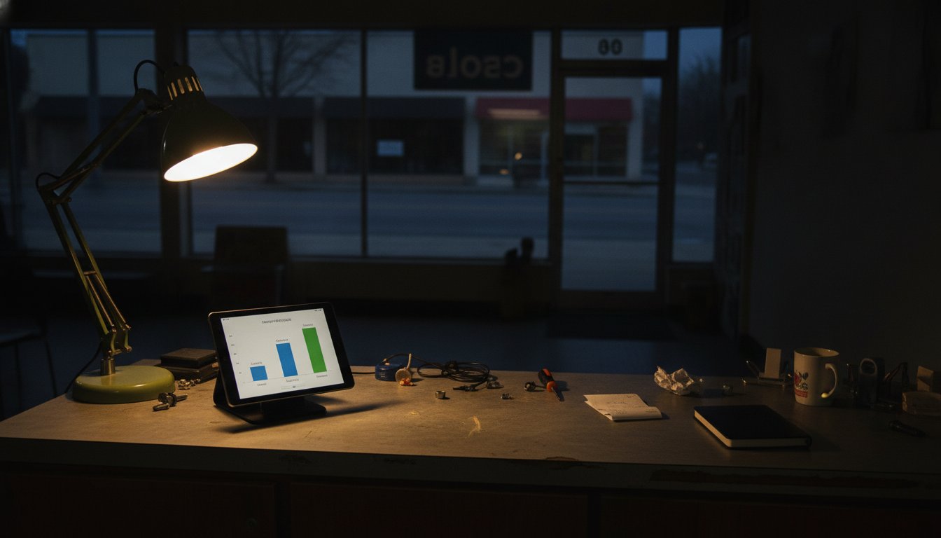 Repair shop counter after closing, one lamp lit, a laptop showing one subscription cost bar