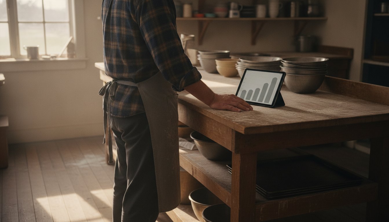 Bakery owner at a worn wooden counter with a tablet showing a small bar chart, sizing up what AI subscriptions really cost
