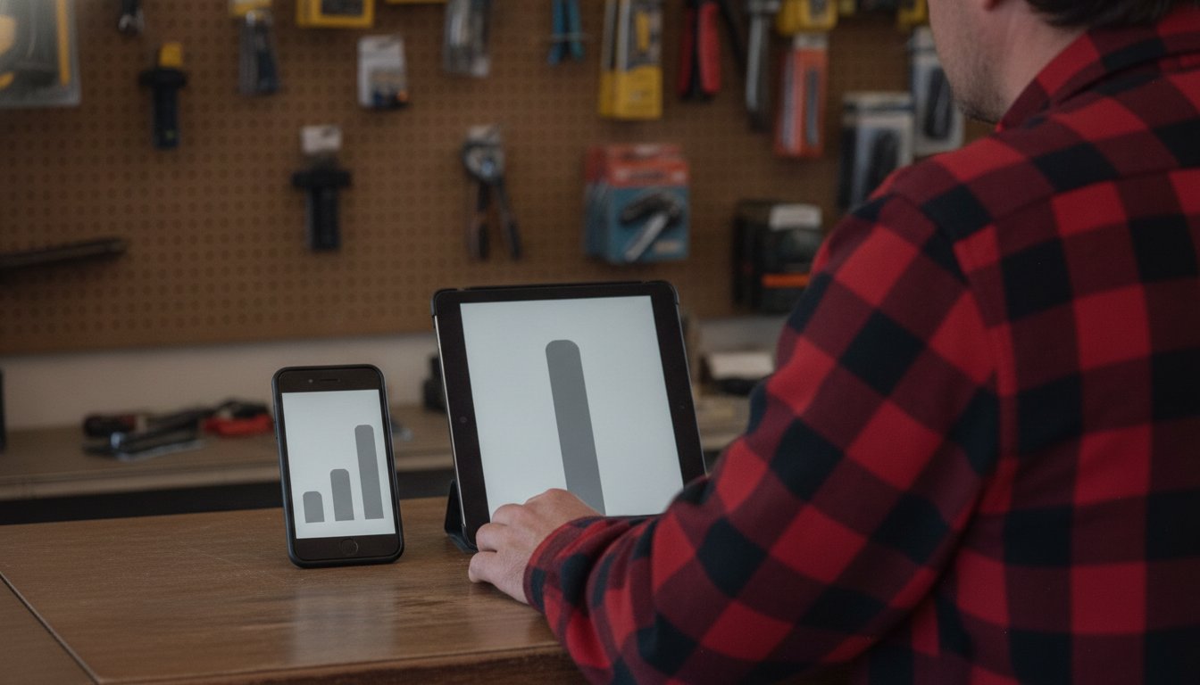 Hardware store counter with a phone showing three short bar-chart columns beside a tablet showing one tall column, comparing everyday AI costs to a custom build