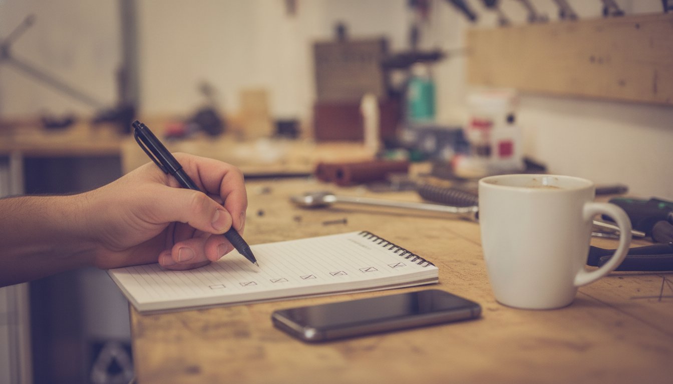 A hand writing a checklist of fixed and open items in a notebook at a repair workbench, the tracker used to log and re-audit a NAP mismatch
