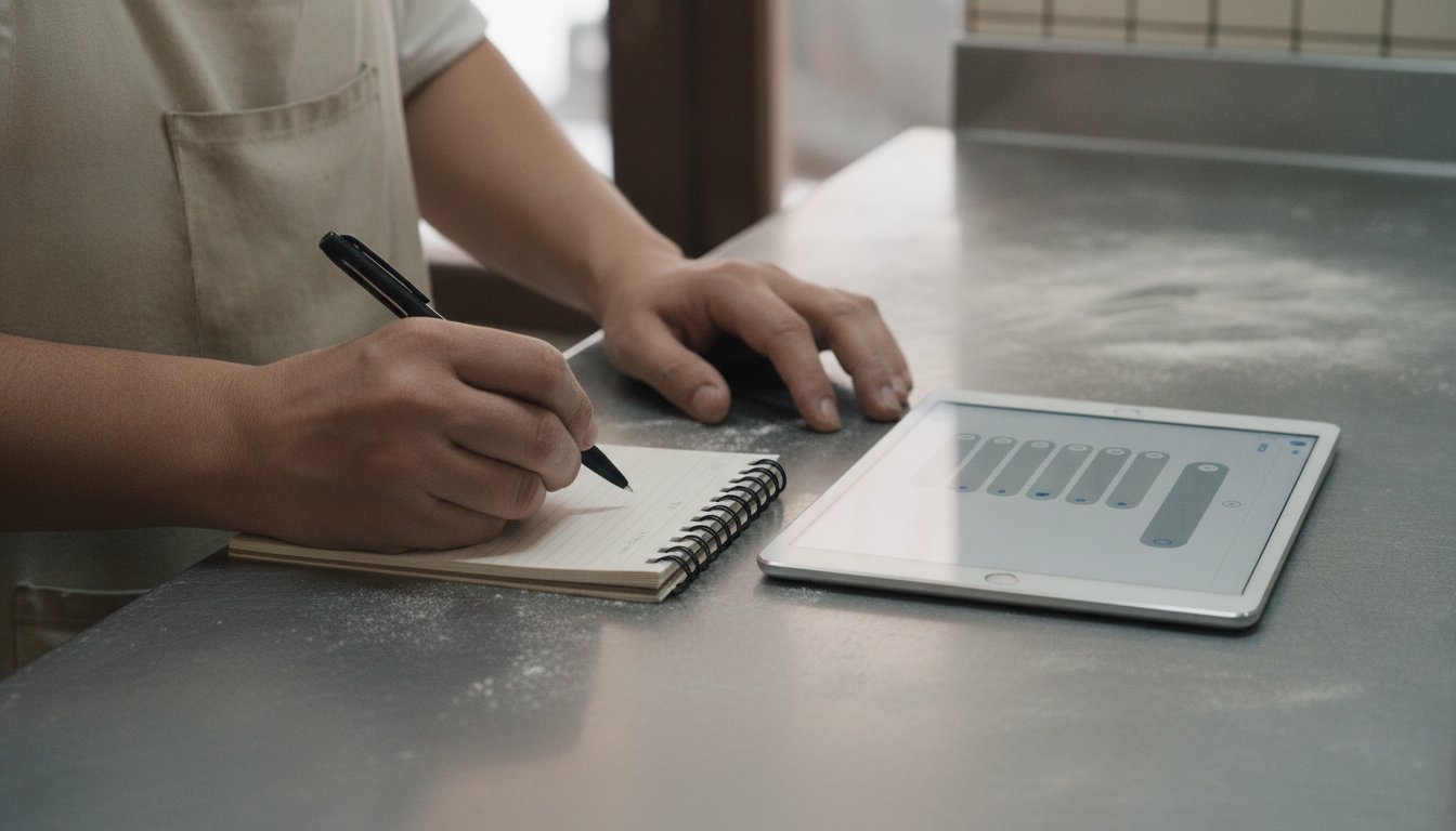 A bakery worker's hands writing in a notepad beside a tablet showing a list of draft lines, editing an AI-drafted post before it publishes