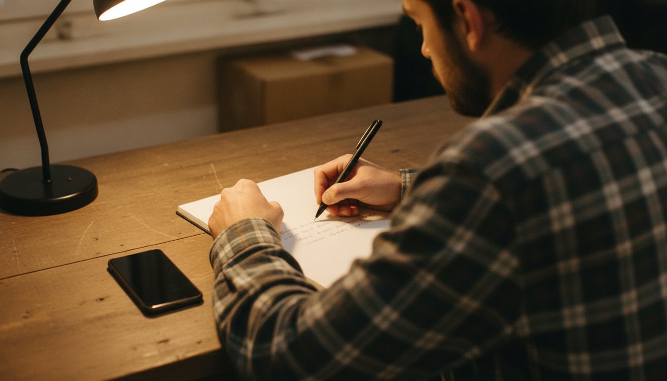 A small business owner writing by hand in a notebook at a desk lamp in the evening, a phone left dark and unused beside him for a task AI should not handle