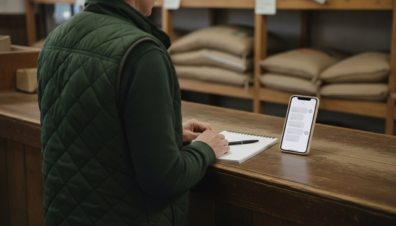 A feed-store counter with a notepad and pen beside a phone showing a chat conversation, starting one small AI task this week