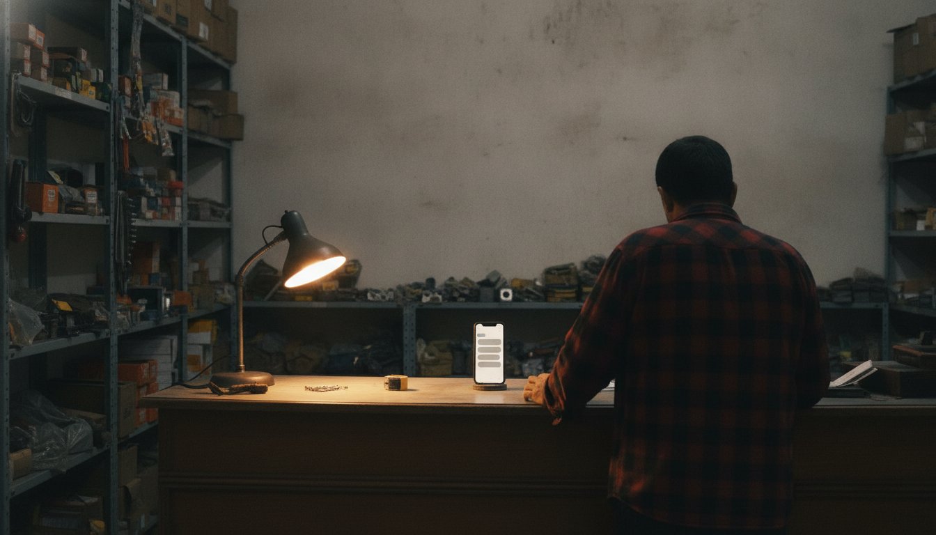 A hardware store owner at his counter at dusk with a phone propped up showing a chat conversation, stocked shelving behind him