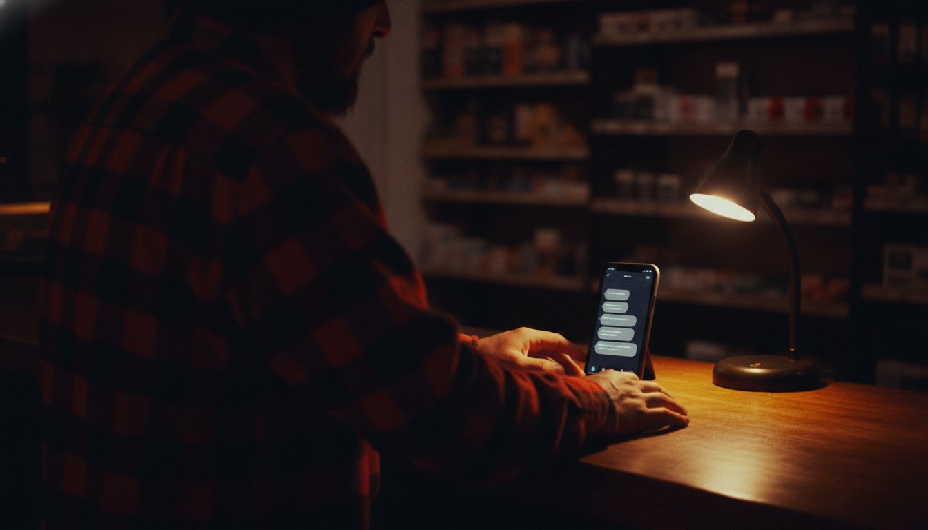 A hardware store counter at night lit by one small lamp, a phone propped up showing a chat conversation, answering questions after hours