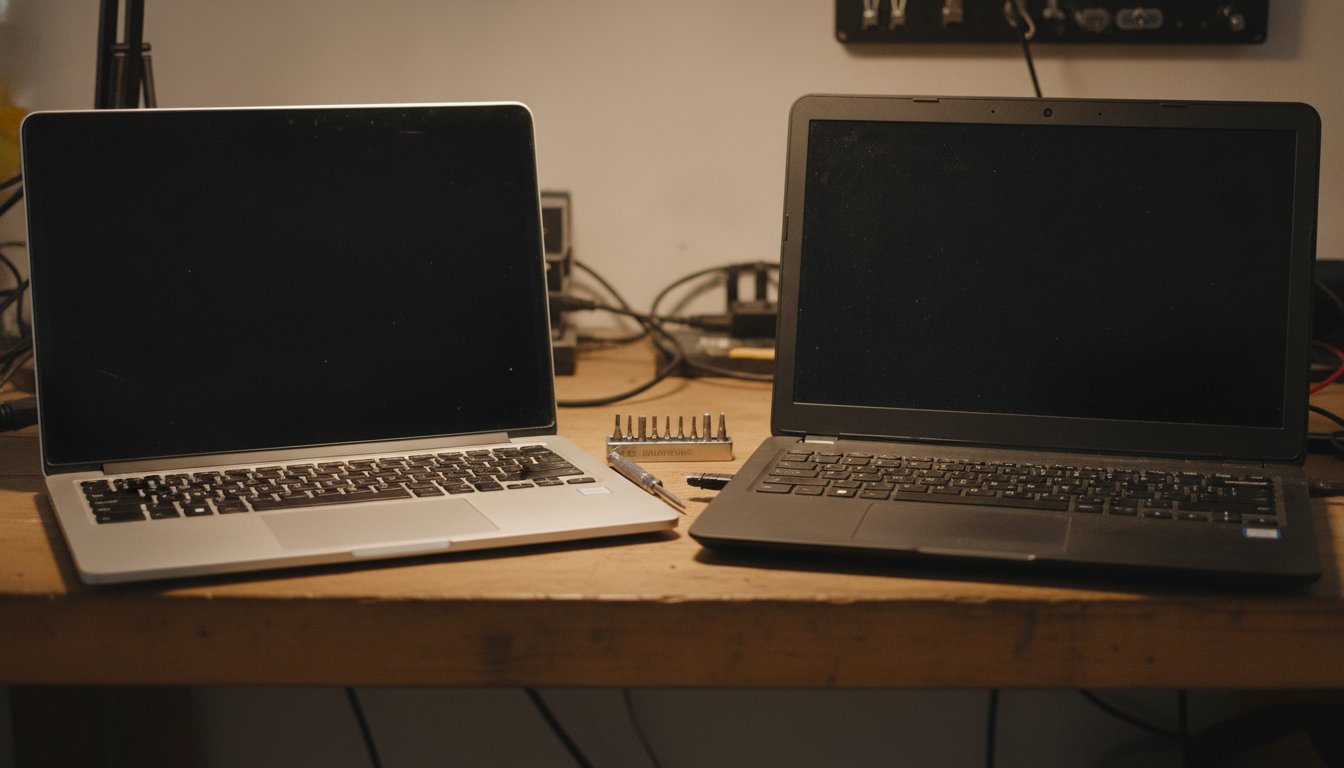 An aluminum Mac-style laptop and a black plastic PC laptop open side by side on a repair bench, the parts difference behind Mac repairs costing more