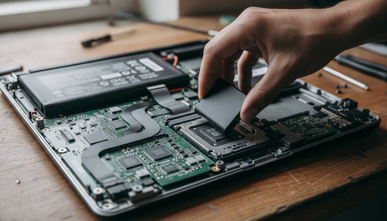 A technician's hand lowering a replacement solid state drive into an open laptop during a local computer repair