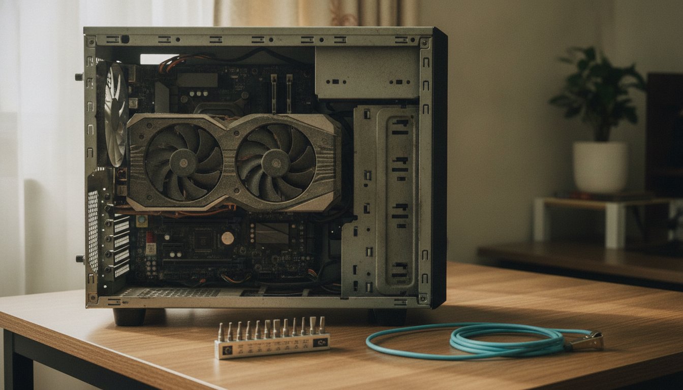 A desktop tower standing open on a home desk with a precision screwdriver set and an anti-static strap for a DIY computer repair