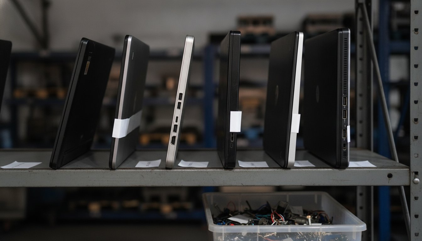 Laptops filed on a repair shop shelf with blank tags, waiting on parts that decide how long a computer repair takes