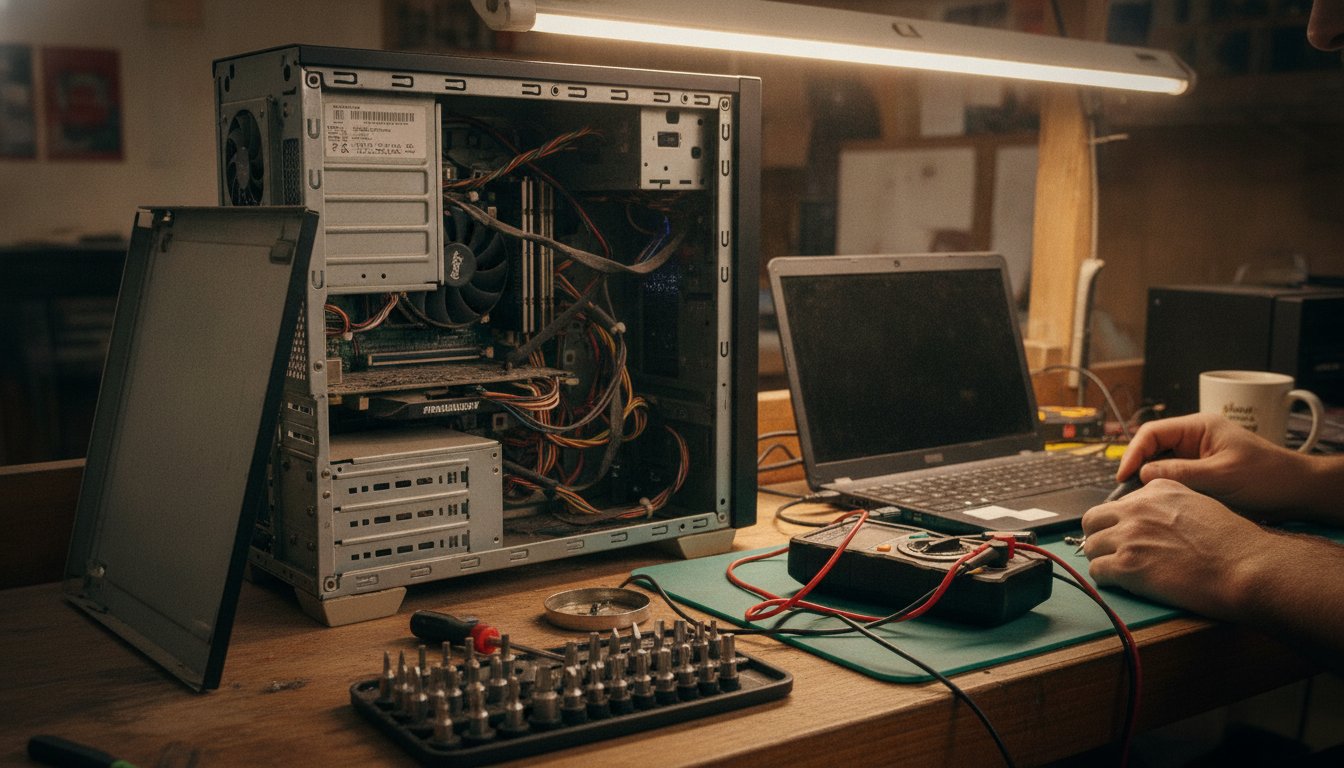 Laptops, a desktop tower and parts bins on the bench of a small independent computer repair shop