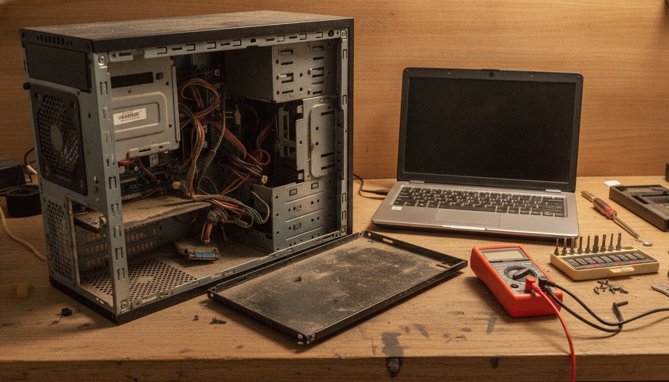 A desktop tower opened beside a laptop on a repair bench with a multimeter and screwdriver set, the diagnosis that sets a computer repair cost