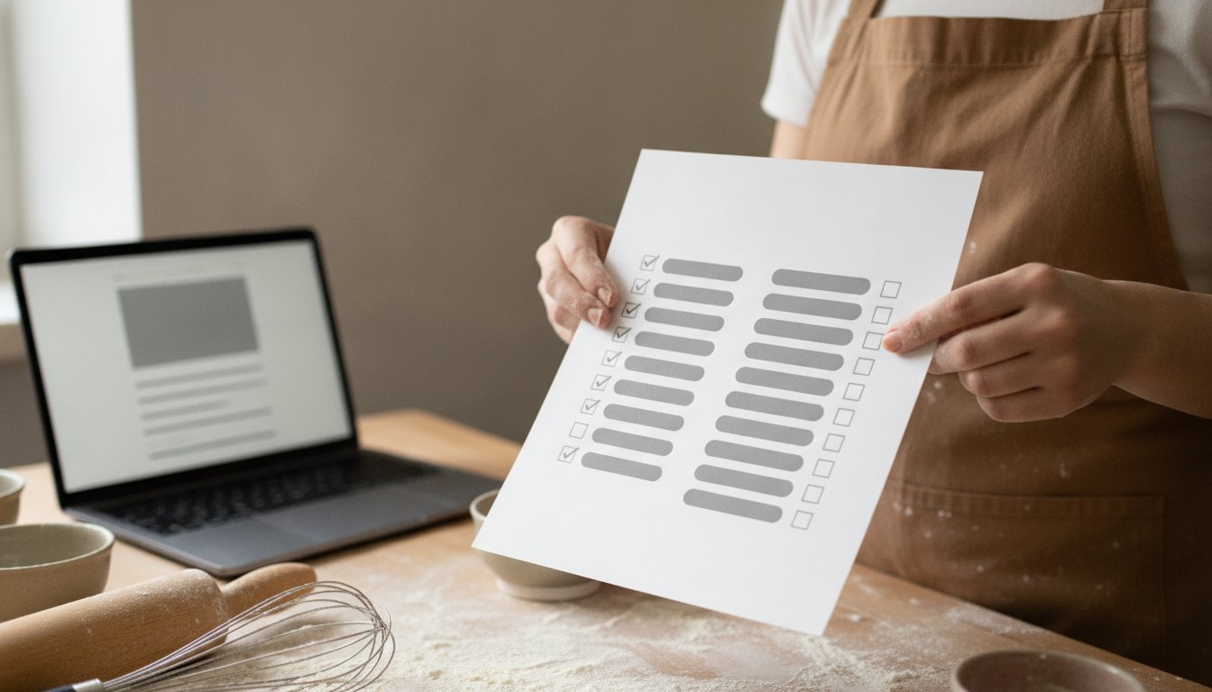 Hands holding a printed two-column checklist, one side checked and one side blank, representing tasks a web designer handles versus jobs like copywriting and photography that fall to someone else