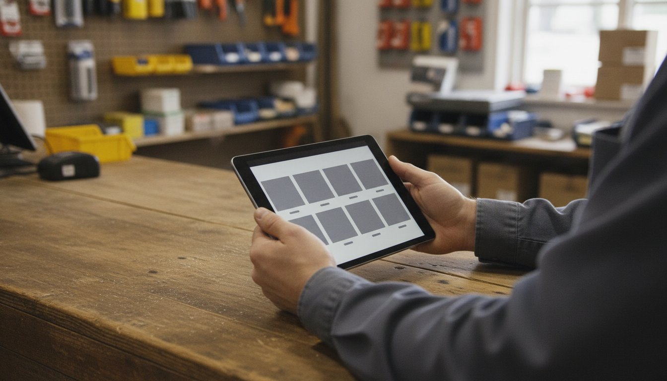 Hands holding a tablet showing a grid of portfolio thumbnails at a hardware store counter, representing evaluating a web designer's past work