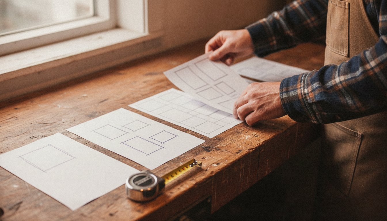 A row of printed wireframe sheets laid out in increasing detail on a workbench, representing the stages of the web design process from rough sketch to finished layout