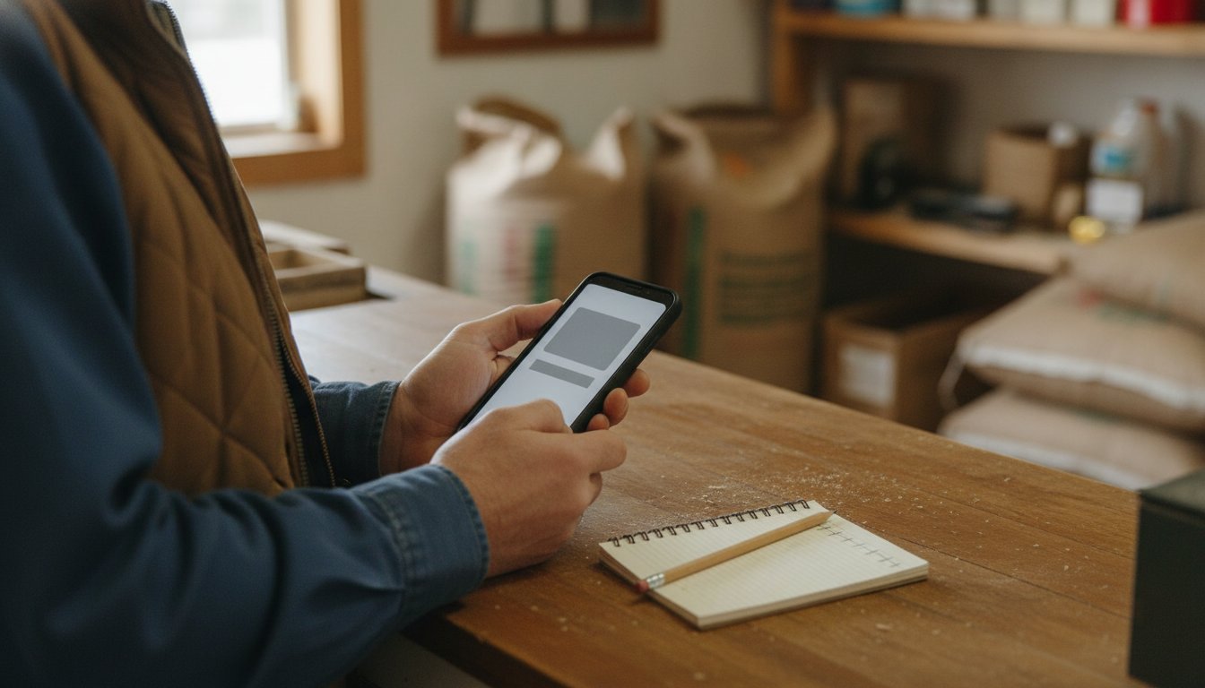 A hand holding a phone showing a bare-bones website layout next to a notepad at a feed store counter, representing deciding whether a simple template is enough for now