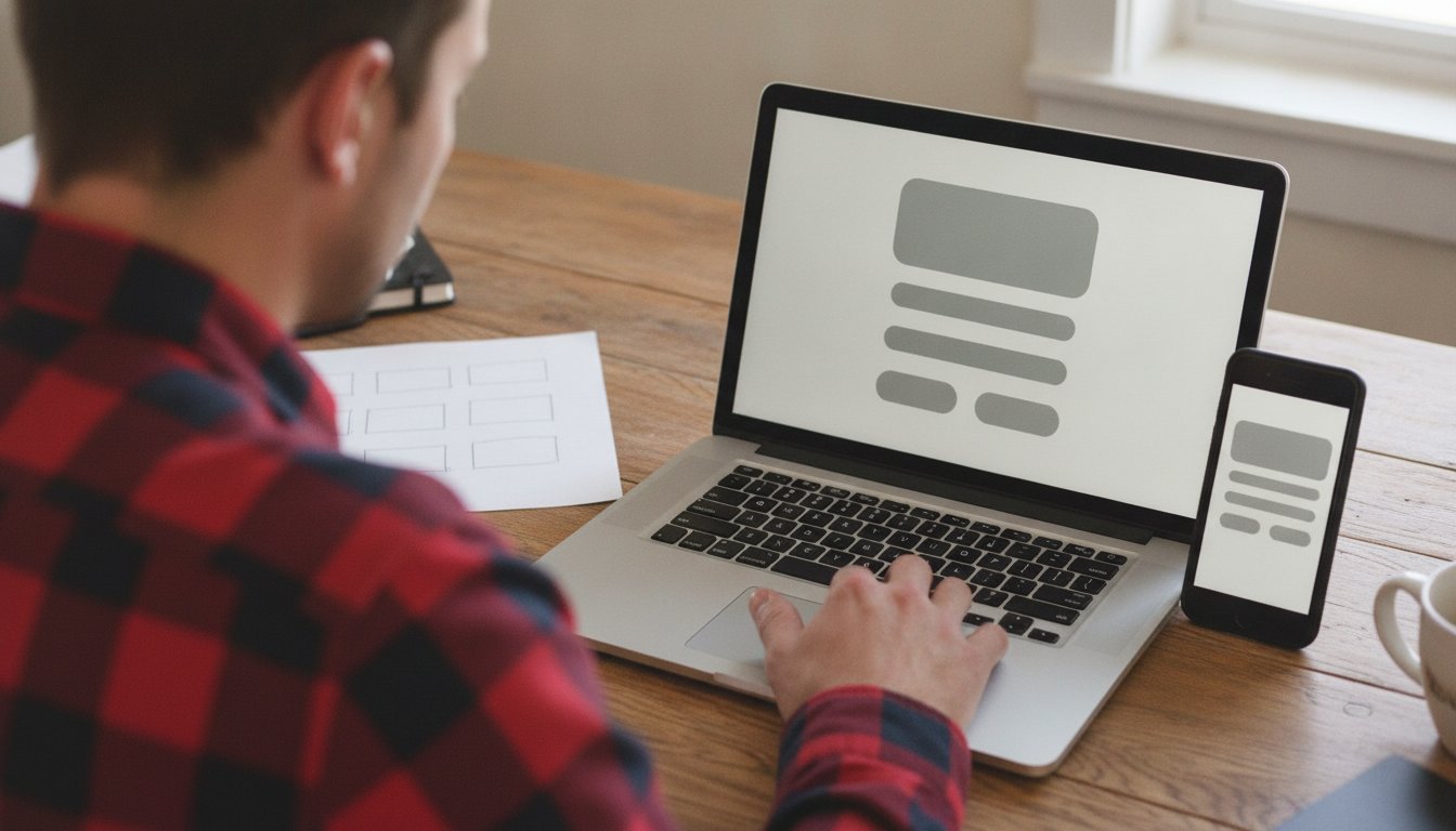 Web designer seen from behind at a desk, laptop and phone showing the same website layout, one wide and one stacked for a small screen, representing the visual layout, colors and navigation a designer builds and reshapes for phone screens