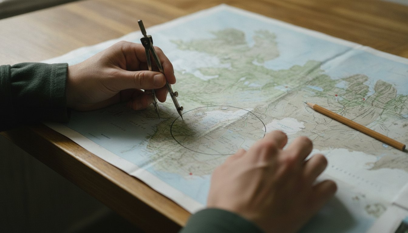 A hand holding a phone against a backdrop of farm fields and a county road, the phone's map showing a search radius circle with pins inside and outside the range