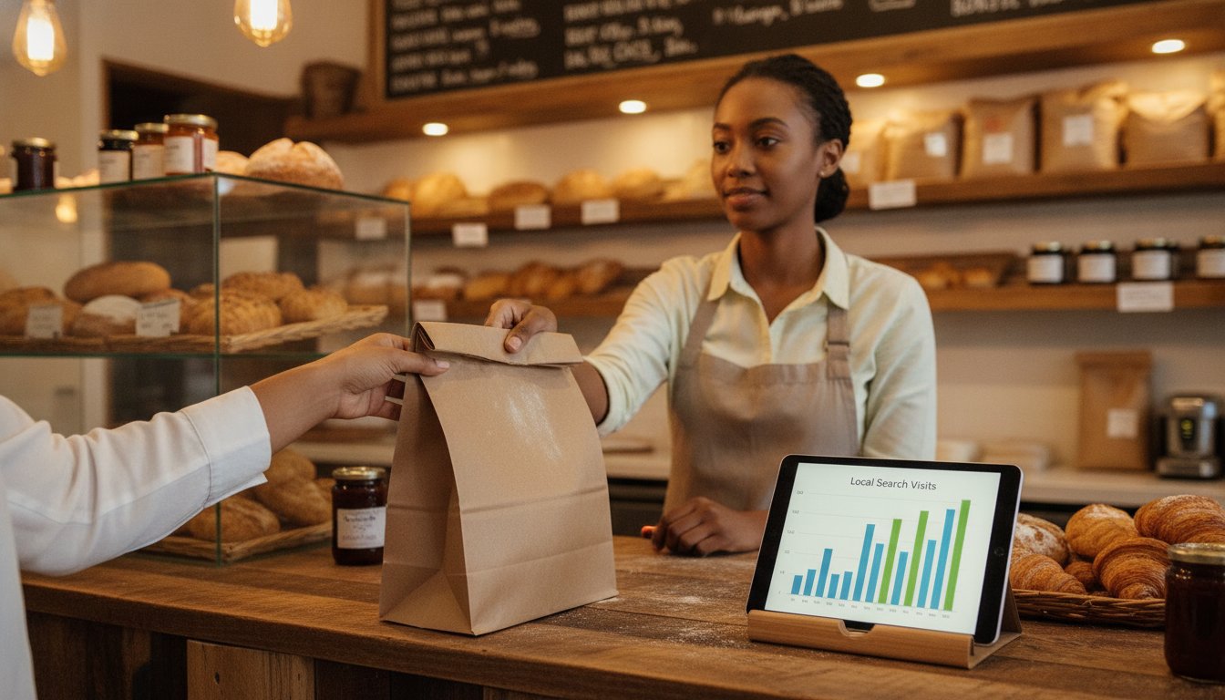A bakery clerk handing over a paper bag while a tablet on the counter shows a bar chart of growing local search visits