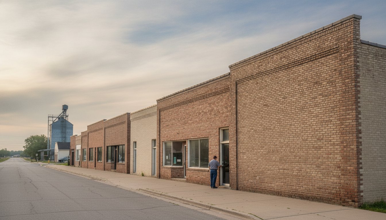 A small Northwest Illinois farm town main street at sunrise, a grain elevator in the distance and a shop owner unlocking his door, the small-town setting local SEO is built for