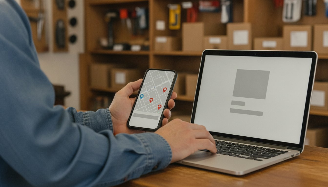 A pair of hands holding a phone showing a map with pins next to a laptop showing a business listing card, a shop's own profile turning up first in local search