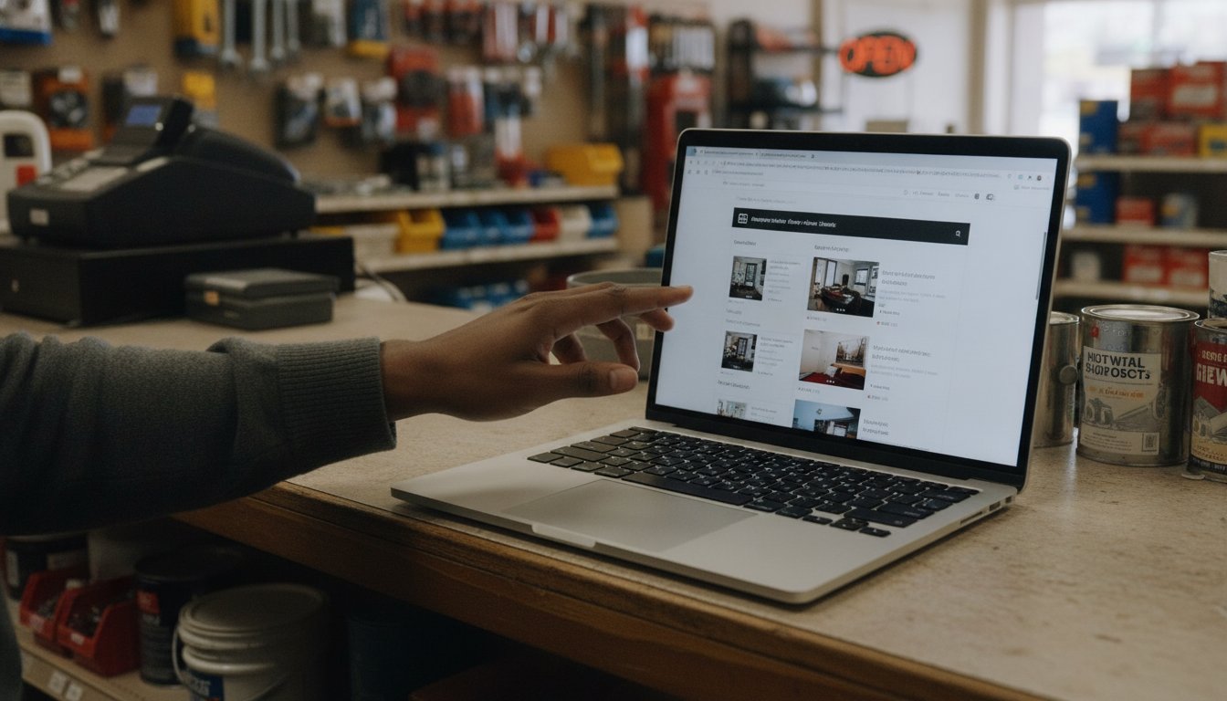 A hand holding a tablet at a rustic wooden table, a website layout on screen