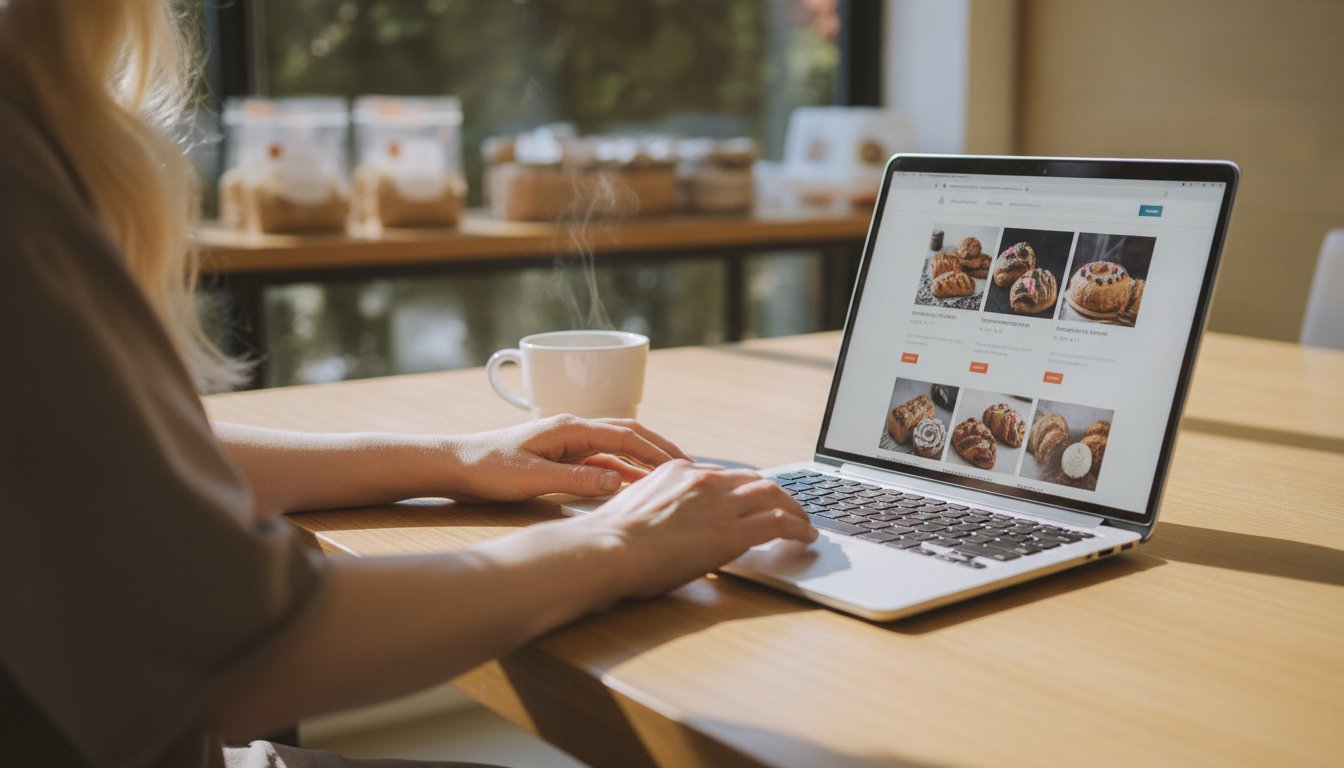 A bakery owner's hands with a laptop and coffee in relaxed morning light, representing a site that already passes the responsive checks and needs no rebuild