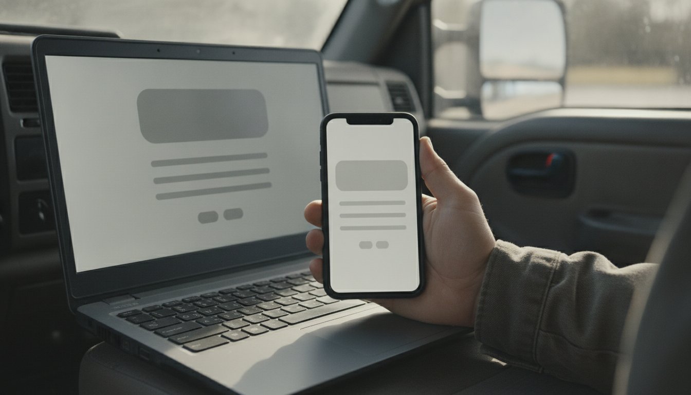 A hand holding a phone in front of a laptop on a truck seat, both showing the same website layout, one wide and one stacked narrow, representing a responsive site that fits a phone in a truck cab or a desktop in an office