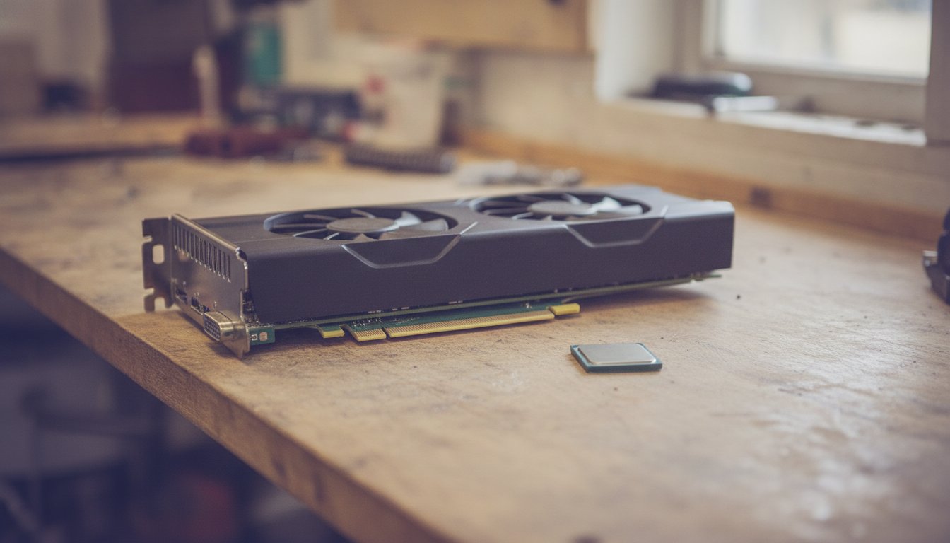 A graphics card beside a processor on a workbench, the size difference behind whether a build needs a separate card