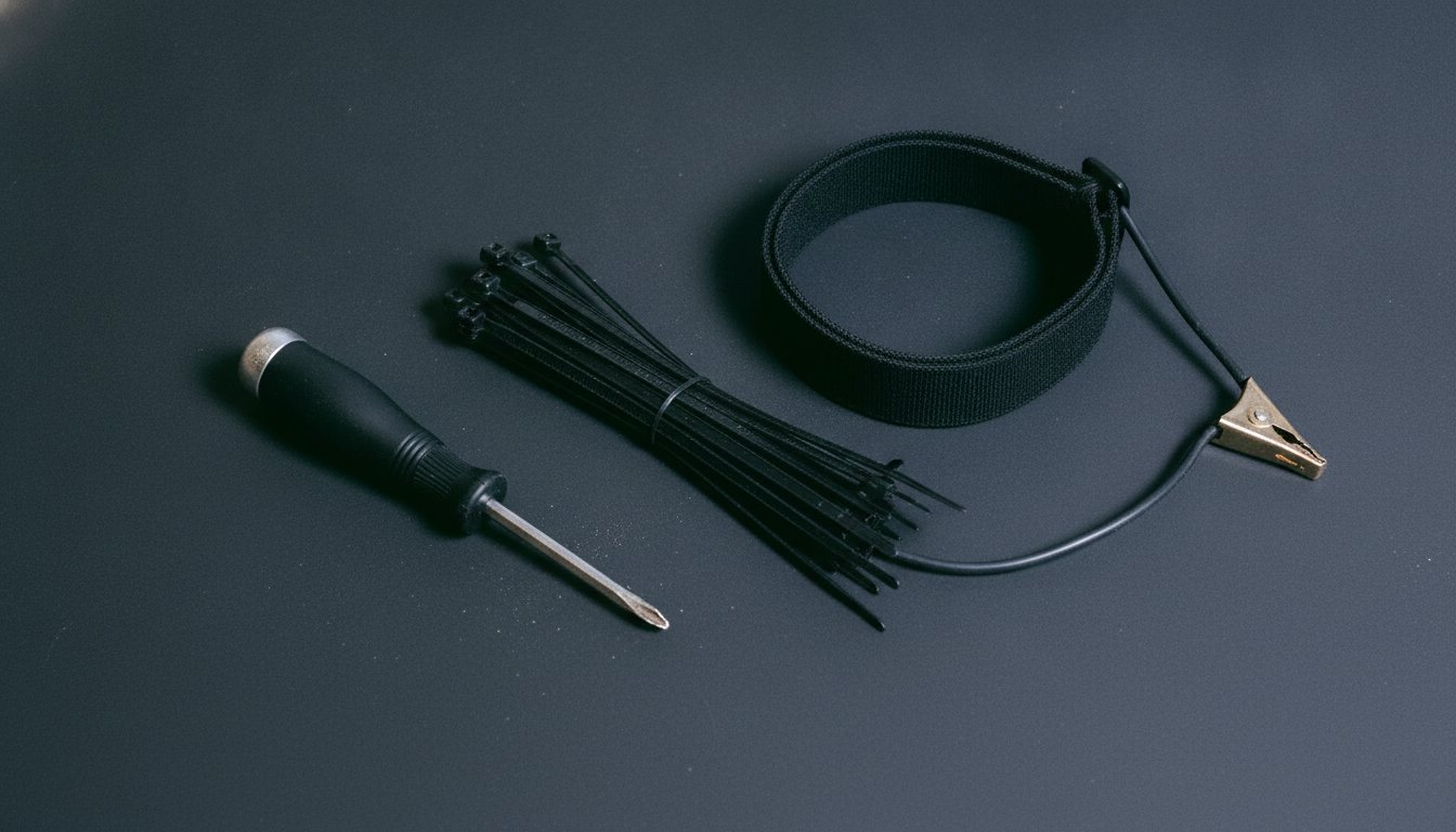 The tools you need to build a PC: one Phillips screwdriver, a bundle of cable ties and an anti static wrist strap