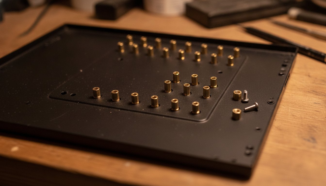 Brass standoffs fitted to an empty case tray, the small step first time builders skip most often