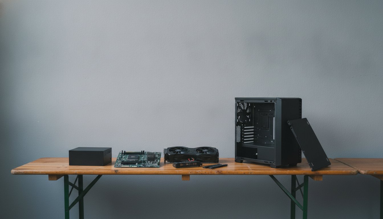 An empty case and the parts for a build spread across a workbench, everything you need to build a PC in one frame