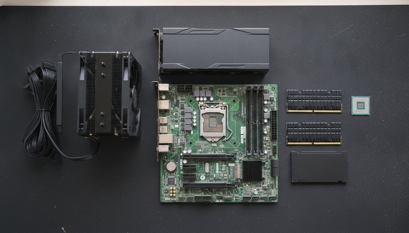 The parts you need to build a PC laid out on a work mat: processor, motherboard, memory, storage, graphics card, cooler and power cables