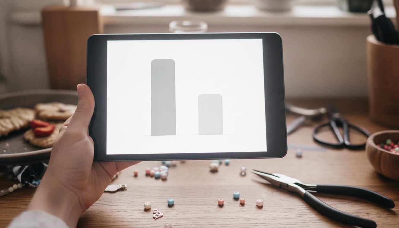 A hand holding a tablet showing a bar chart of full price against net kept, the real cost of selling top items on Etsy at a jewelry workbench