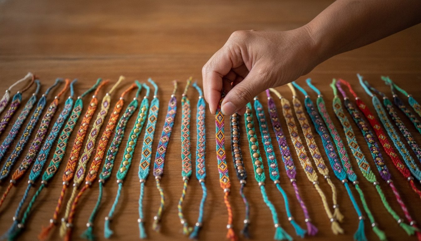 A hand picking one bracelet from rows of nearly identical handmade friendship bracelets, a category too crowded for a new Etsy seller